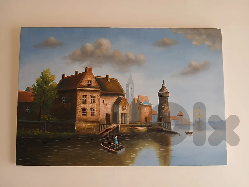 Hand-Painted Canvas Art - Historic European Port & Canal Town