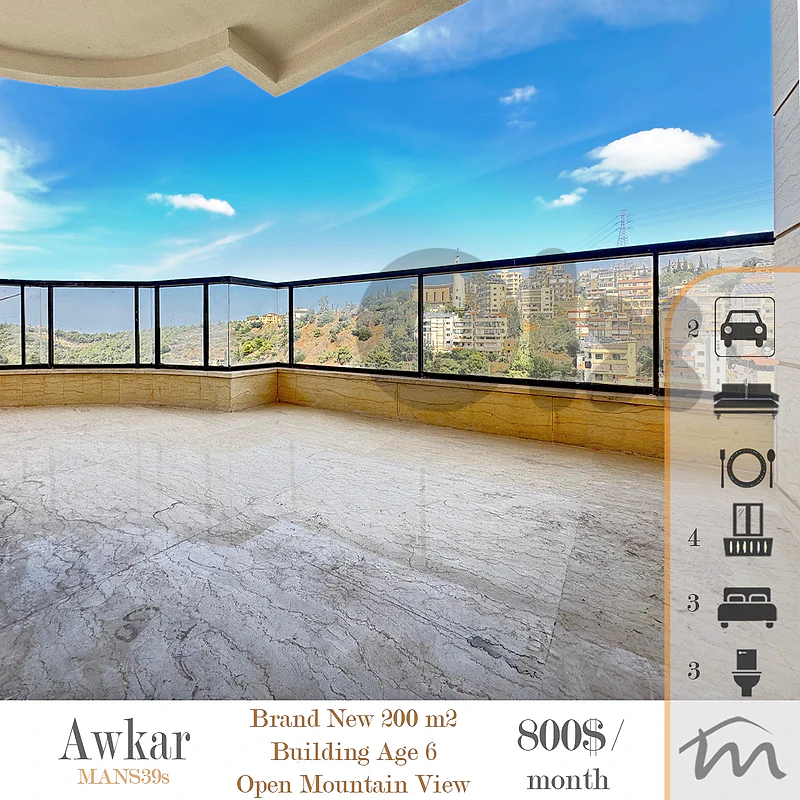 Awkar | Brand New 200m² | 4 Balconies | Building Age 6 | Prime Rental
