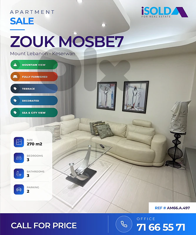 A Furnished Apartment + Mountain,Sea&City View for Sale in Zouk Mosbeh