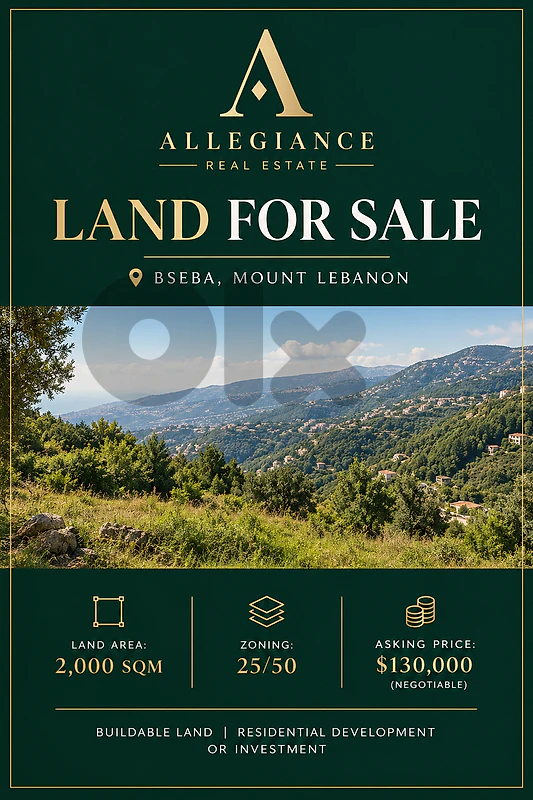 Land for Sale in Bsaba, Mount Lebanon – 2,000 sqm | Zoning 25/50