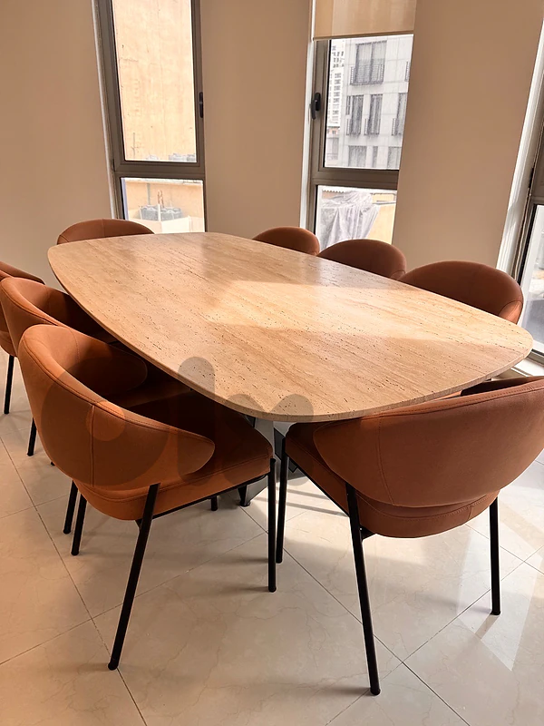 Travertine dining table and 8 chairs
