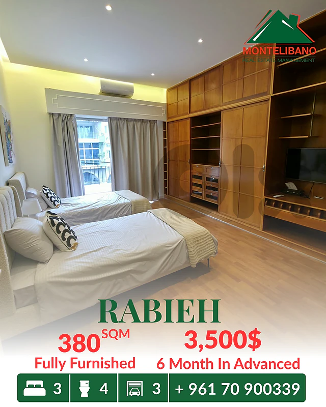 Fully Furnished & Decorated 380 sqm Apartment For Rent in Rabieh رابية