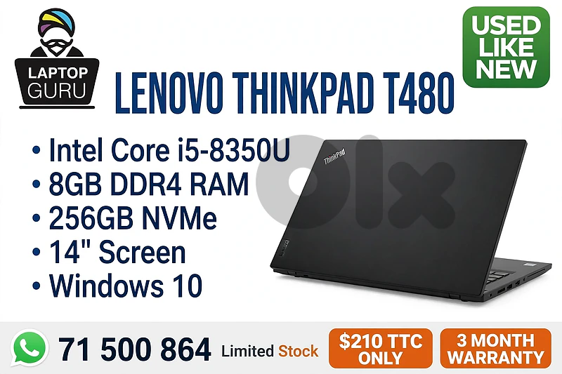 LENOVO THINKPAD T480  I5-8350U  8GB  256GB NVME 14'' VGA INTEL