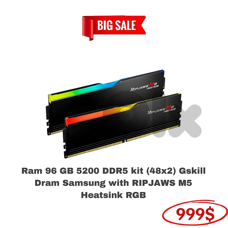 Ram 96 GB 5200 DDR5 kit (48x2) Gskill Dram Samsung with RIPJAWS M5 RGB