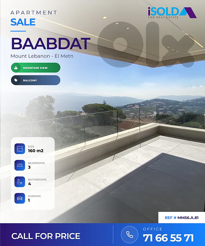 Apartment + Mountain View for Sale in Baabdat - شقة للبيع في بعبدات