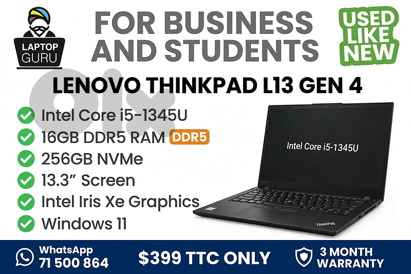 Lenovo Thinkpad L13 Gen4  I5-1345U  16GB  256GB Nvme 13.3''