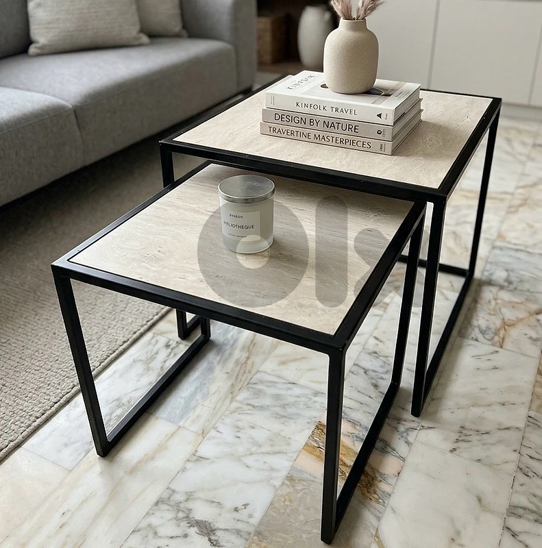 tables metal base and top travertino ceramic