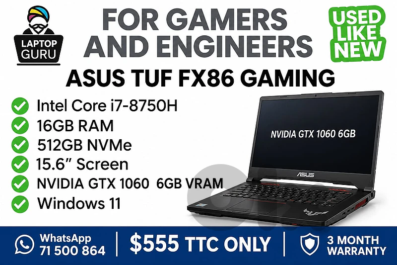 Gaming Laptop ASUS TUF FX86	i7-8750H	16GB	512GB NVMe	15.6in	NVIDIA GTX