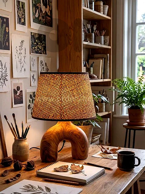 U-Shaped Wooden Table Lamp with Woven Shade
