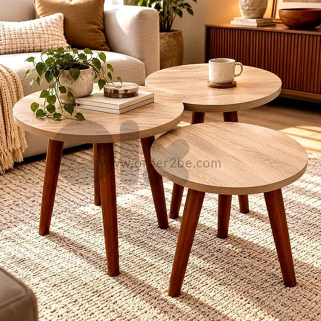 3-Piece Round Nesting Table Set, Light Brown