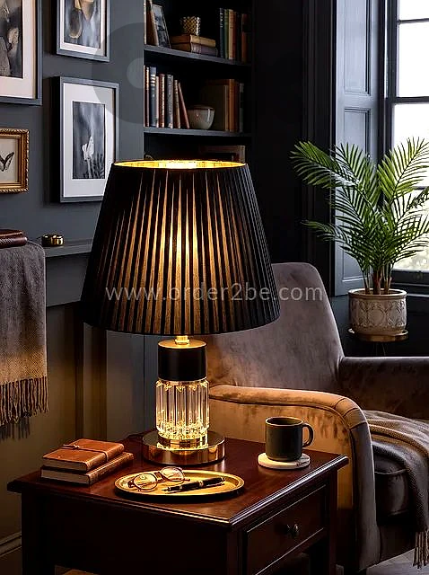 Pleated Table Lamp with Crystal and Gold Base, Black