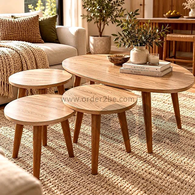 4-Piece Oval Coffee and Nesting Table Set, Light Brown