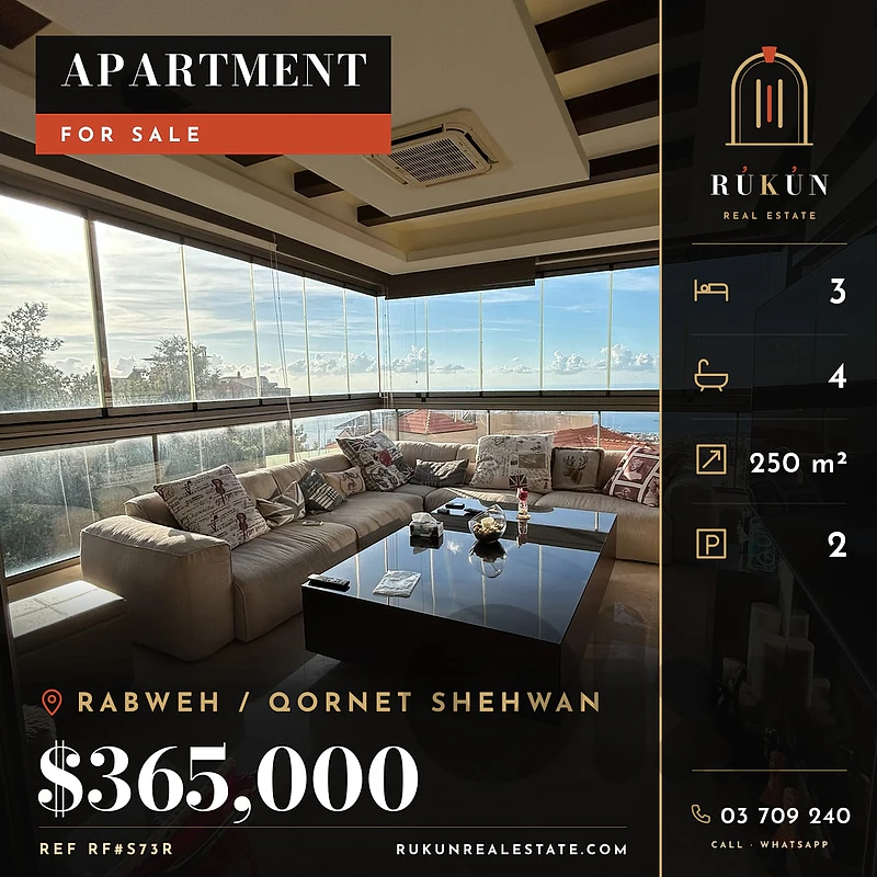 Apartment for Sale Rabweh–Qornet Shehwan 250 m² 3 Bdrms 4 Btrms $365K
