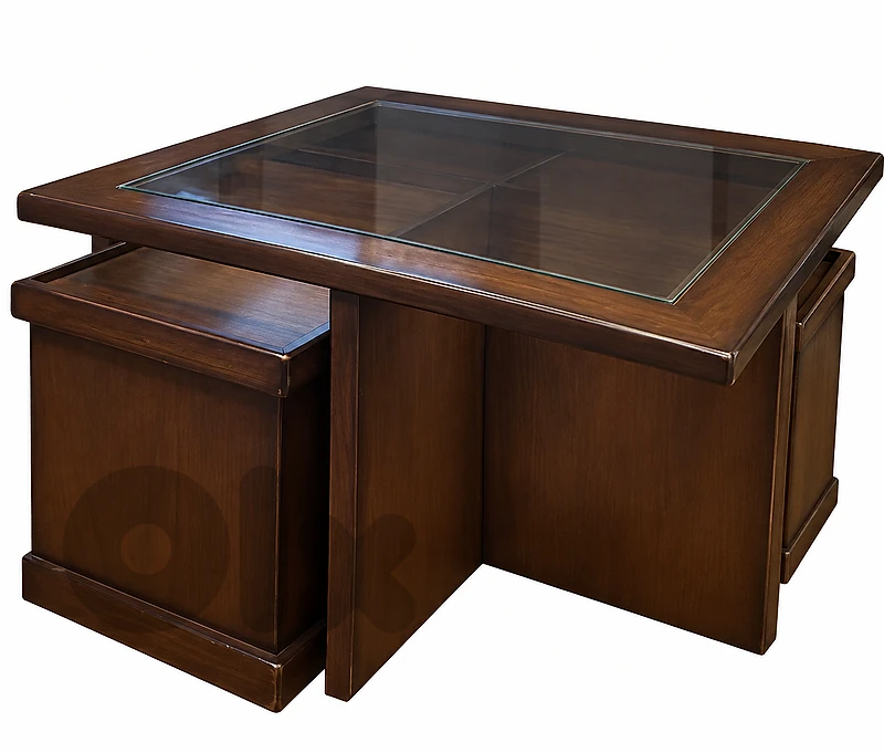 طاولة خشب بني غامق مع ٤ طاولات صغيرة -  Wooden Coffee Table