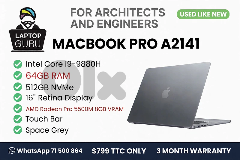 MAC PRO A2141 I9-9880H	64GB 512NVME 16INCH AMD 8GB TOUCHBAR SPACE GREY
