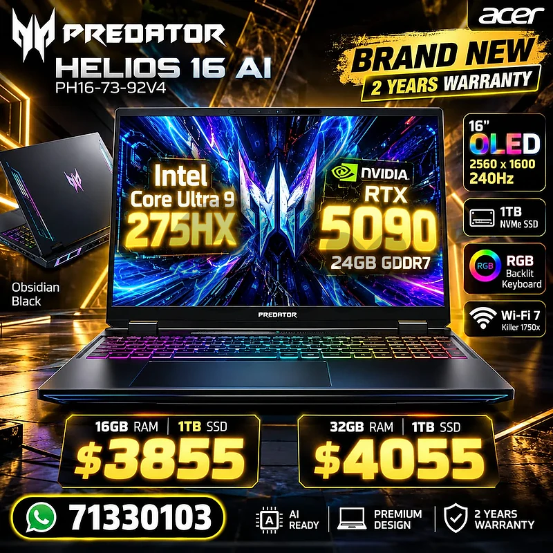 Acer Predator Helios 16 AI Ultra 9 RTX 5090 24GB OLED 240Hz – New