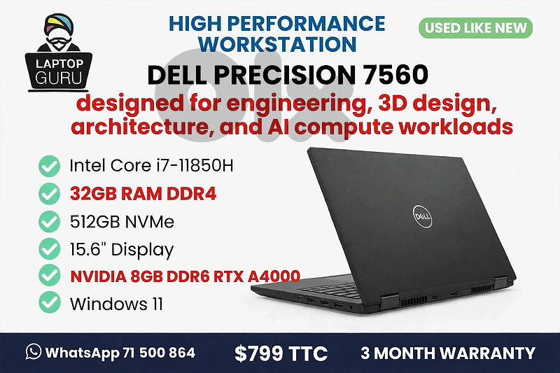 Dell Precision7560  I7-11850H  32GB  512GB  15.6''  NVIDIA8GB RTXA4000
