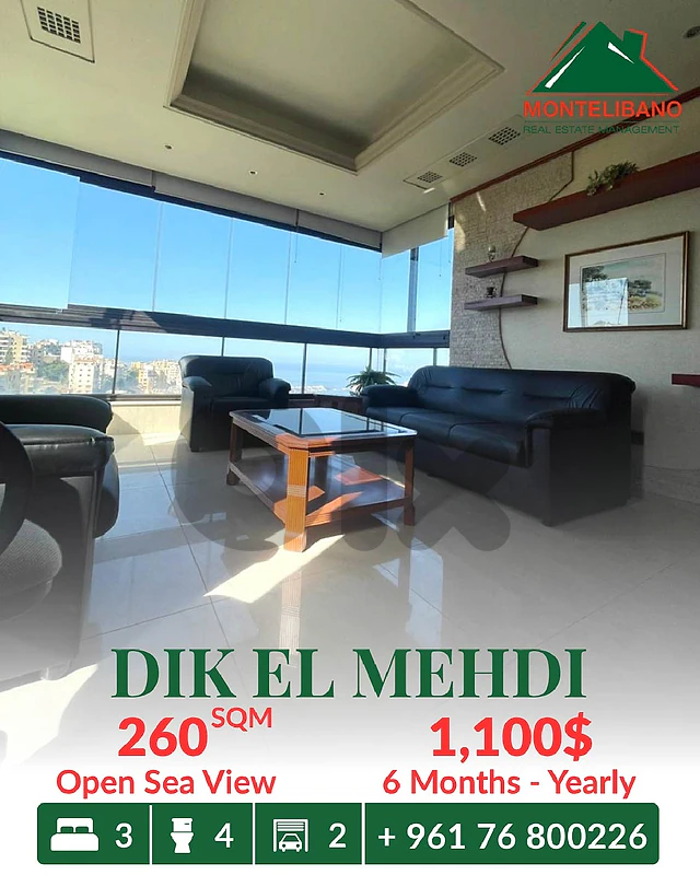 260 sqm Apartment For Rent in Dik El Mehdi ديك المحدي + Open Sea View