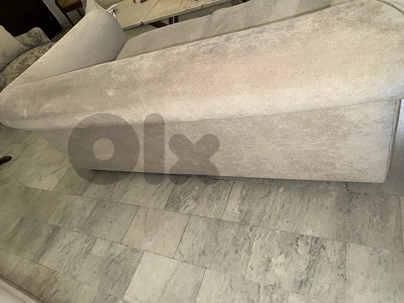 beige couch with Warde textile