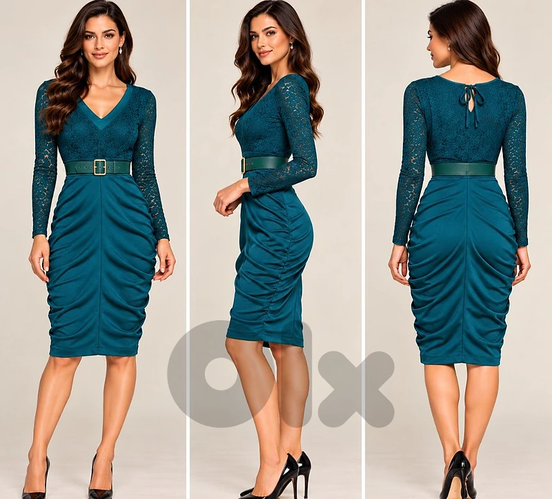 Teal Blue Formal Dress with Lace Sleeves & Green Belt – Size 36