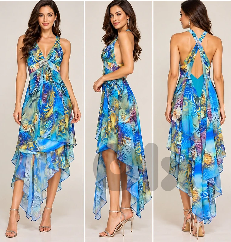 For Sale: Multicolor Blue & Gold Halter Dress – Size 36