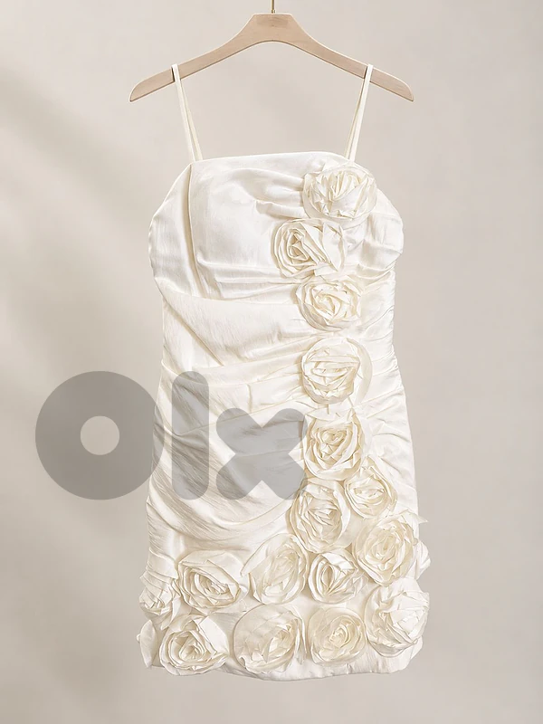 Elegant White Satin Mini Dress with 3D Floral Roses