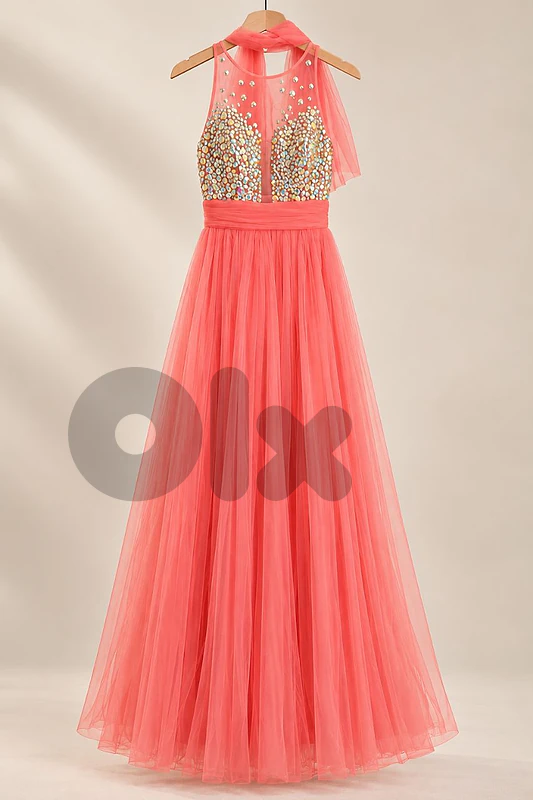 Elegant Coral Pink Evening Gown with Crystal Embellishments