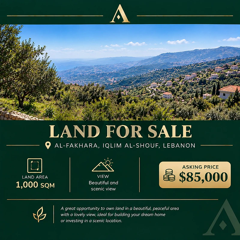 Land for Sale in Al-Fakhara, Iqlim Al-Shouf – 1,000 sqm – $85,000 Land for Sale in Al-Fakhara, Iqlim Al-Shouf – 1,000 sqm – $85,000