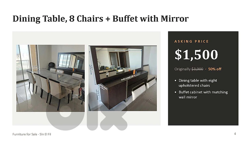 Dining Table, 8 Chairs + Buffet with Mirror