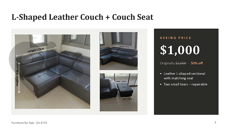 L-Shaped Leather Couch + Couch Seat