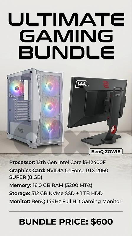 Gaming PC Bundle i5-12400F | RTX 2060 Super | 16GB RAM | 512GB SSD Gaming PC Bundle i5-12400F | RTX 2060 Super | 16GB RAM | 512GB SSD