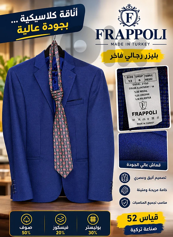 جاكيت رجالي FRAPPOLI صناعة تركية شبه جديدة قياس 52 بسعر 40$ + كرافات