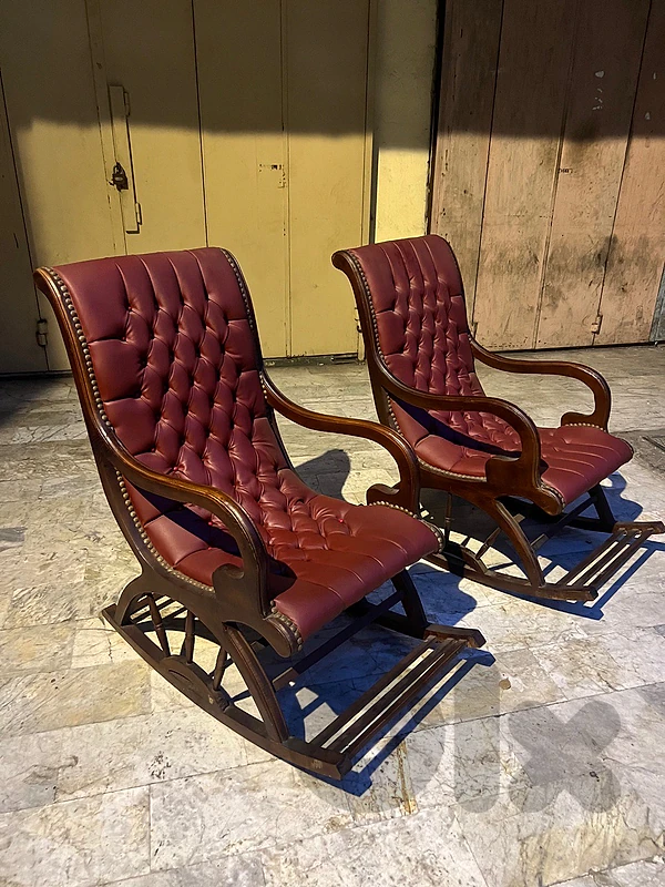 pair rocking chair كرسي هزاز عدد٢ انجليزي خشب جوز جلد لون بوردو