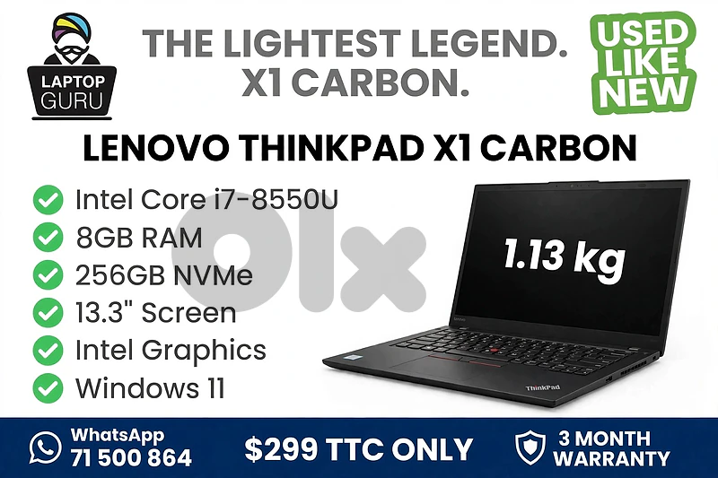 THE LIGHTEST EVER 1.13KG LENOVO THINKPAD X1 CARBON  I7-8550U