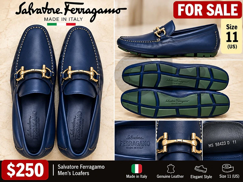 Salvatore Ferragamo Men's Navy Blue Loafers – Size 11