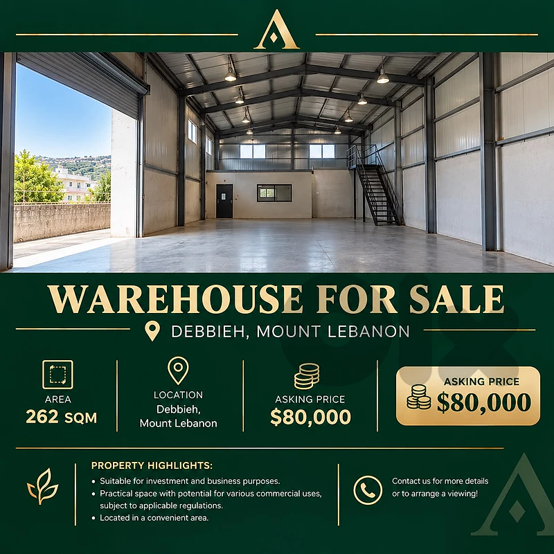 Warehouse for Sale in Debbieh, Mount Lebanon – 262 sqm – $80,000 Warehouse for Sale in Debbieh, Mount Lebanon – 262 sqm – $80,000