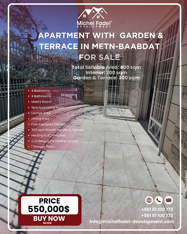 RK1018-Apartment with Private Garden & Terrace for sale -Prime Baabdat