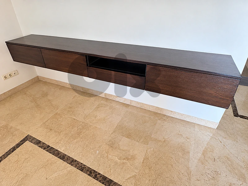 Long floating TV cabinet - dark-wood finish