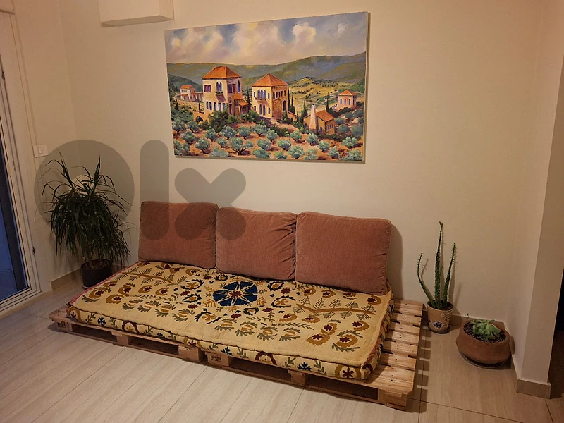 Wooden Pallet Lounge Sofa + Original Painting by Artist Nabil Saad