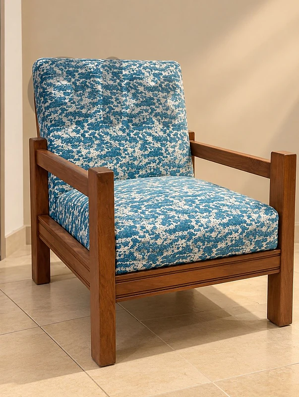 Wooden Armchair with Blue Upholstery