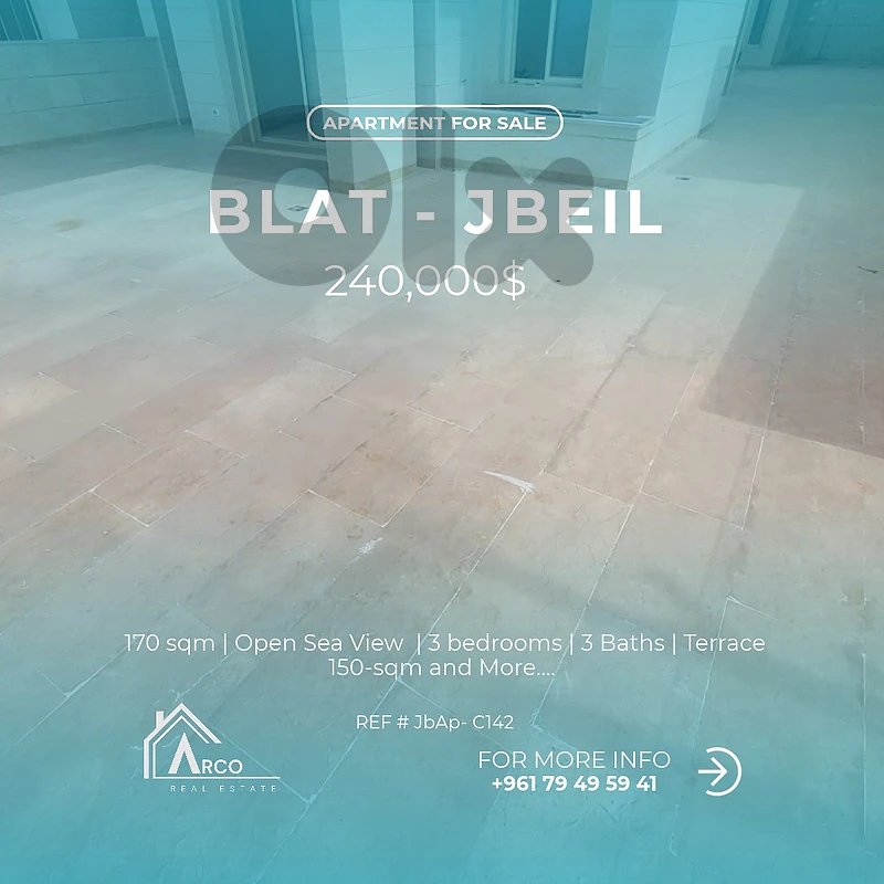 Luxury Apartment for Sale Blat Jbeil with terrace open sea view