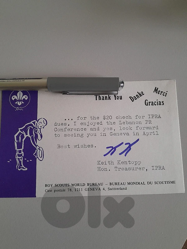 1970 vintage Boy Scouts World Bureau thank-you card signed