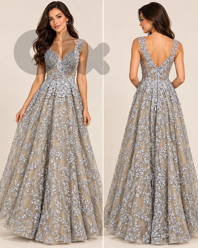 blue silver fliral gown
