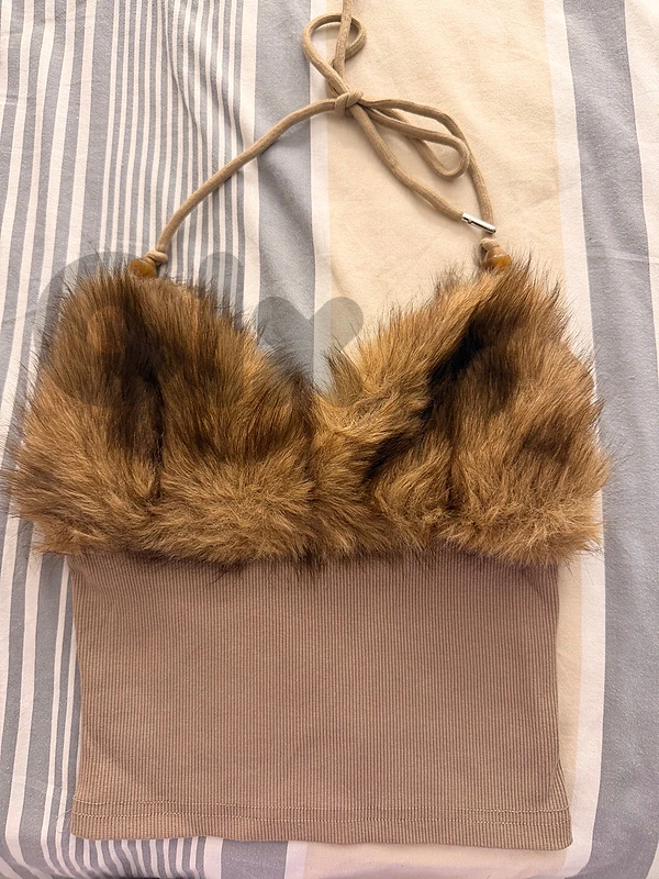 Trendy Brown Faux Fur Halter Top