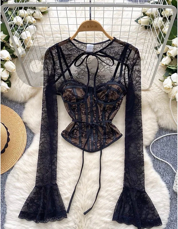 Elegant Black Lace Corset & Set