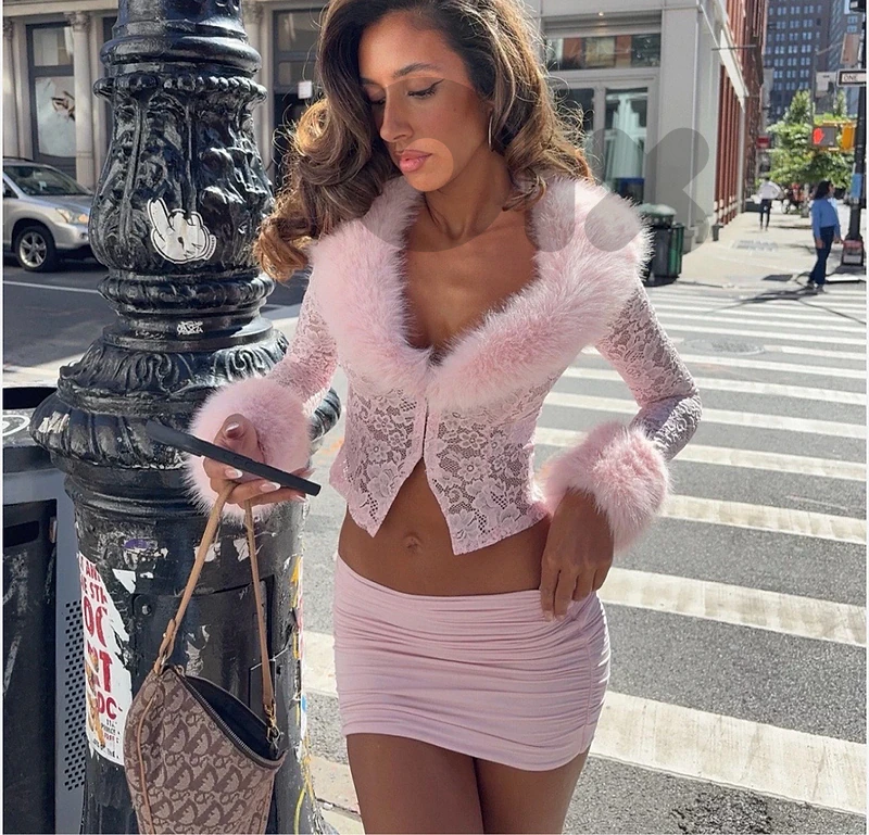 Baby Pink Lace & Faux Fur Two-Piece Set