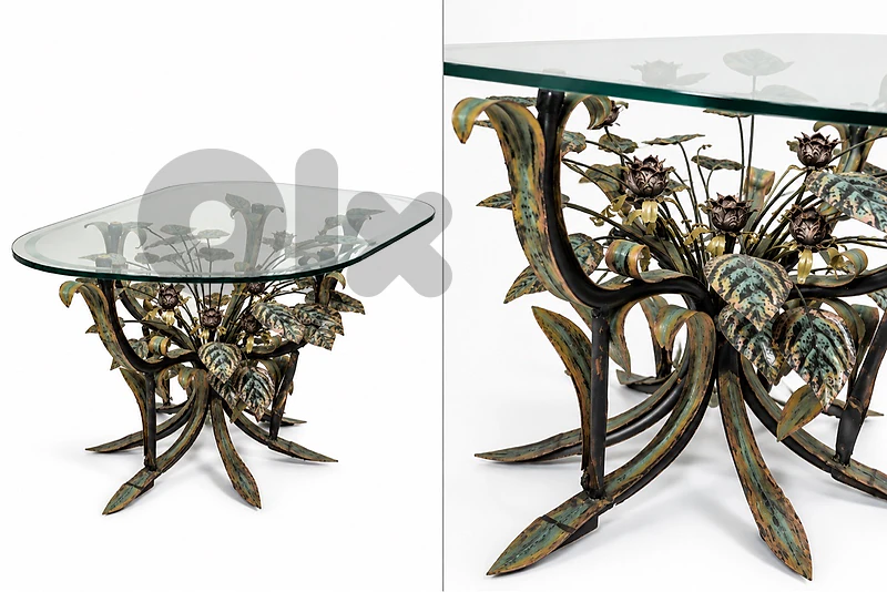 Vintage Glass Top Table with Floral Metal Base