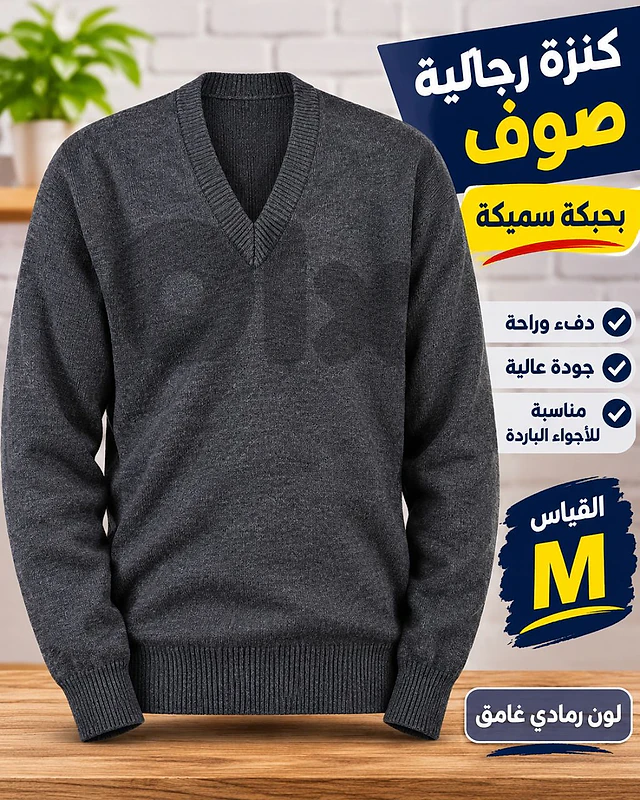 كنزة رجالية صوف بحبكة سميكة قبة V شبه جديدة قياس M بسعر 15$