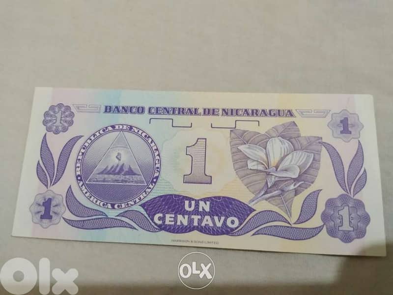 Nicaragua in Middle America Uncirculated Banknote one Centavo 1