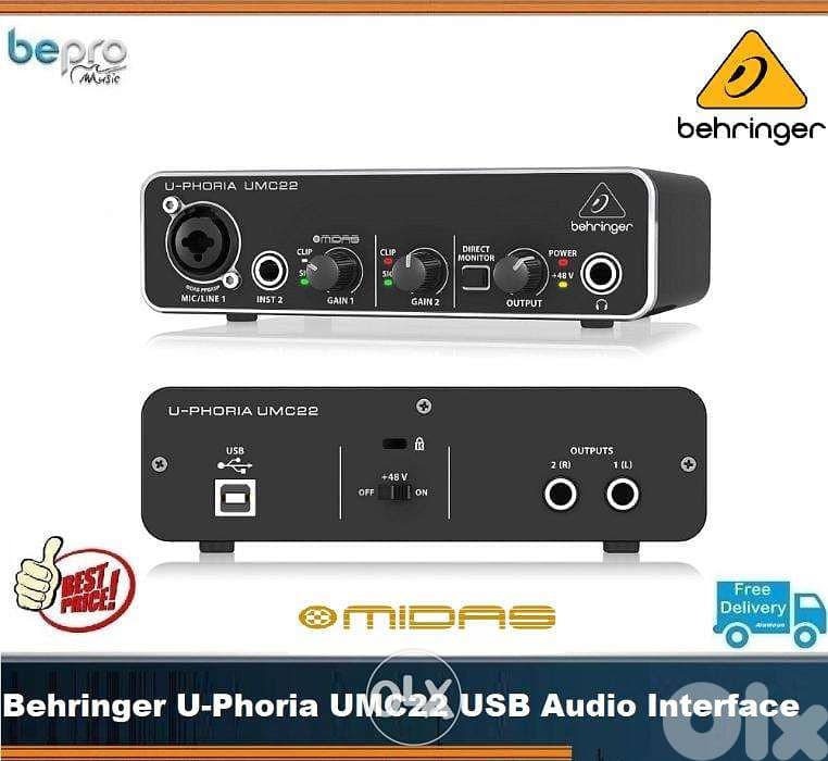 Behringer U-Phoria UMC22 USB Audio Interface 48kHz, Midas preamp 0